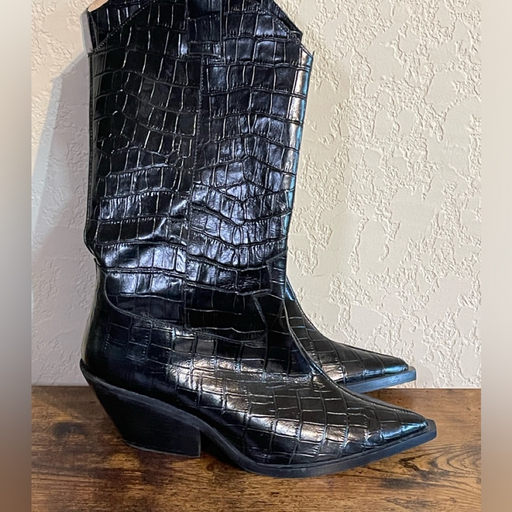 & Other Stories - Black Croc Embossed Leather Cowboy Boots Sz 7